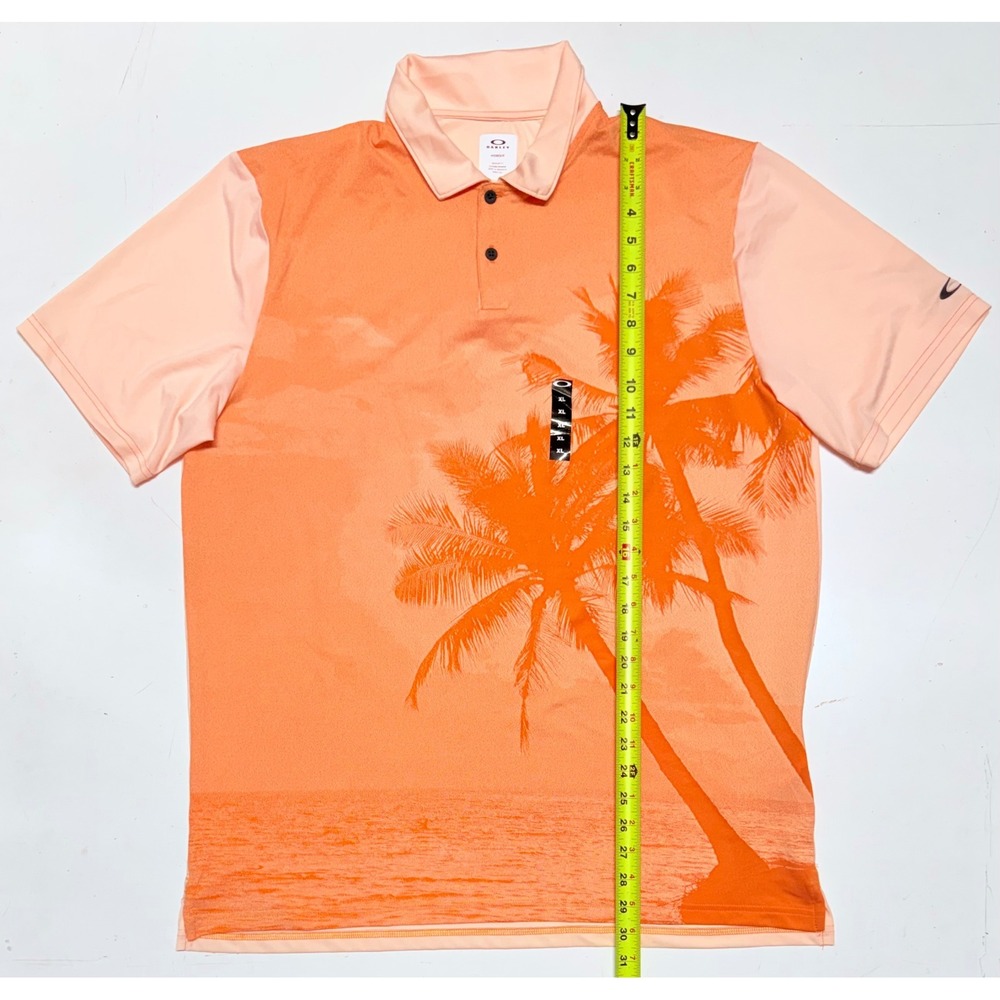 Oakley Hydrolix Mens XL Polo Shirt Orange Tropical Palm Tree Graphic Sunset New